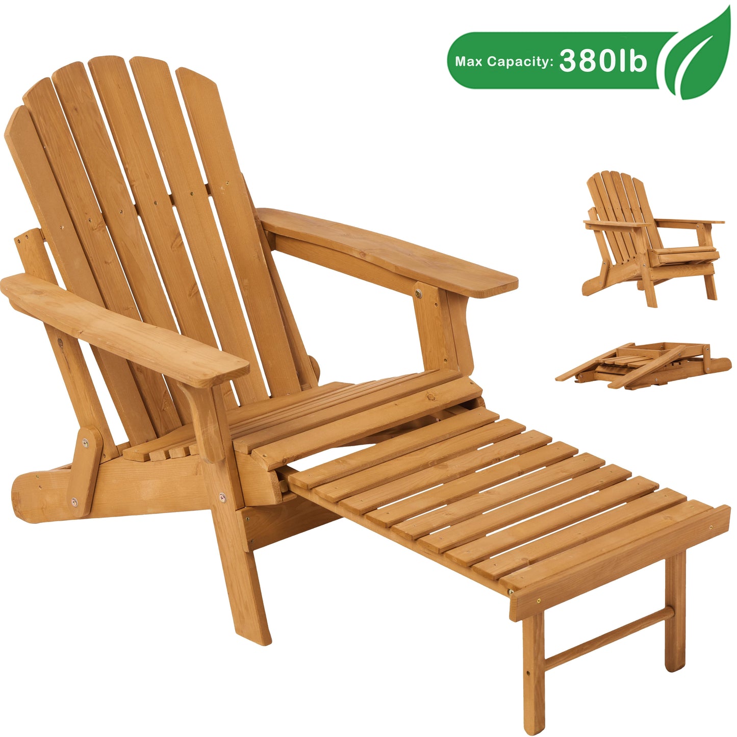 GAKMCIL Oversize Wooden Folding Adirondack Chairs with Retractable Ottoman, Premium Hemlock Wood, Weather Resistant Weathered Wood, Max load 380lb for Outdoor, Garden, Patio, Lawn, Light Brown