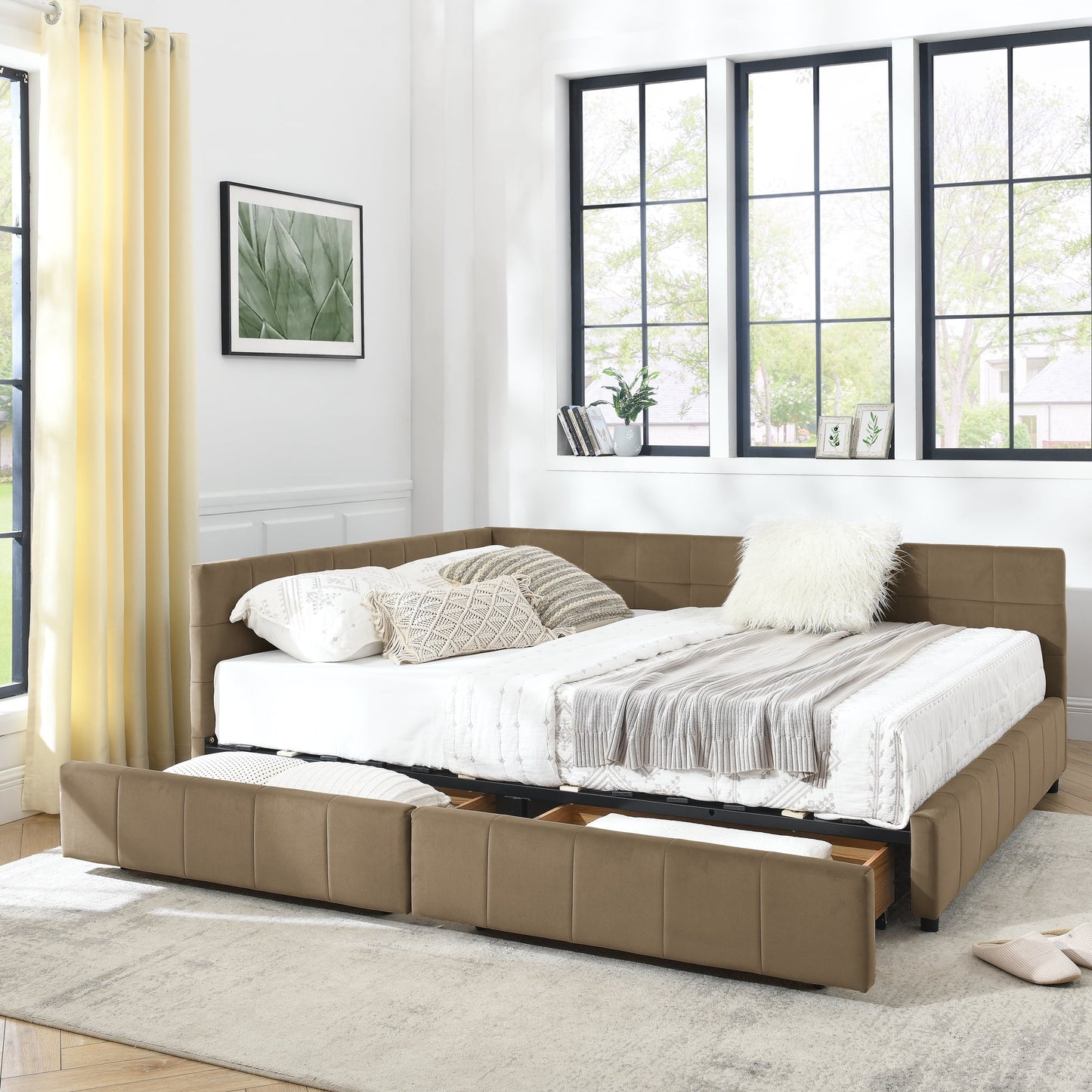 GAKMCIL Queen Size Upholstered Tufted Bed Frame,Sofa Velvet Bed Frame with Comfortable Backrest and Armrests,Daybed for Bedroom, Living Room Brown(85.5''*64.5''*29.5'')