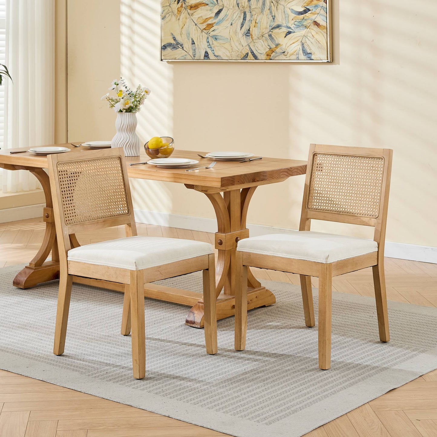 GAKMCIL Farmhouse Rattan Linen fabric Dining Chairs, Modern Kitchen & Dining Room Chairs, Cane Upholstered Kitchen Side Chair with Natural Hardwood Frame, Weight Capacity:300lb, Beige (Set of 2)