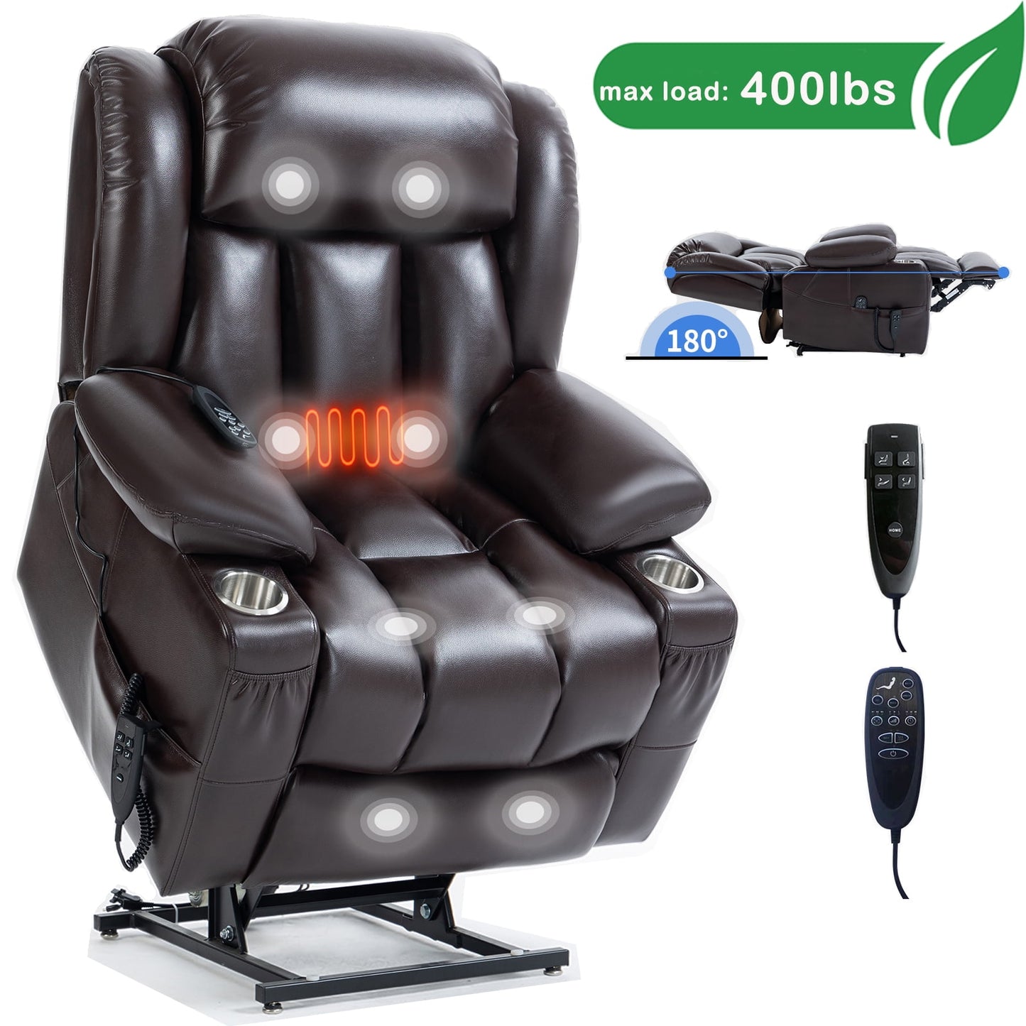 GAKMCIL Large Dual Motor Infinite Position Power Lift Leather Recliner Chair with Heating and 3 Massage 8 vibrating nodes(back,lumbar,thighs,legs), 3 Timing function, Steel Cup Holders, Gift (Brown)