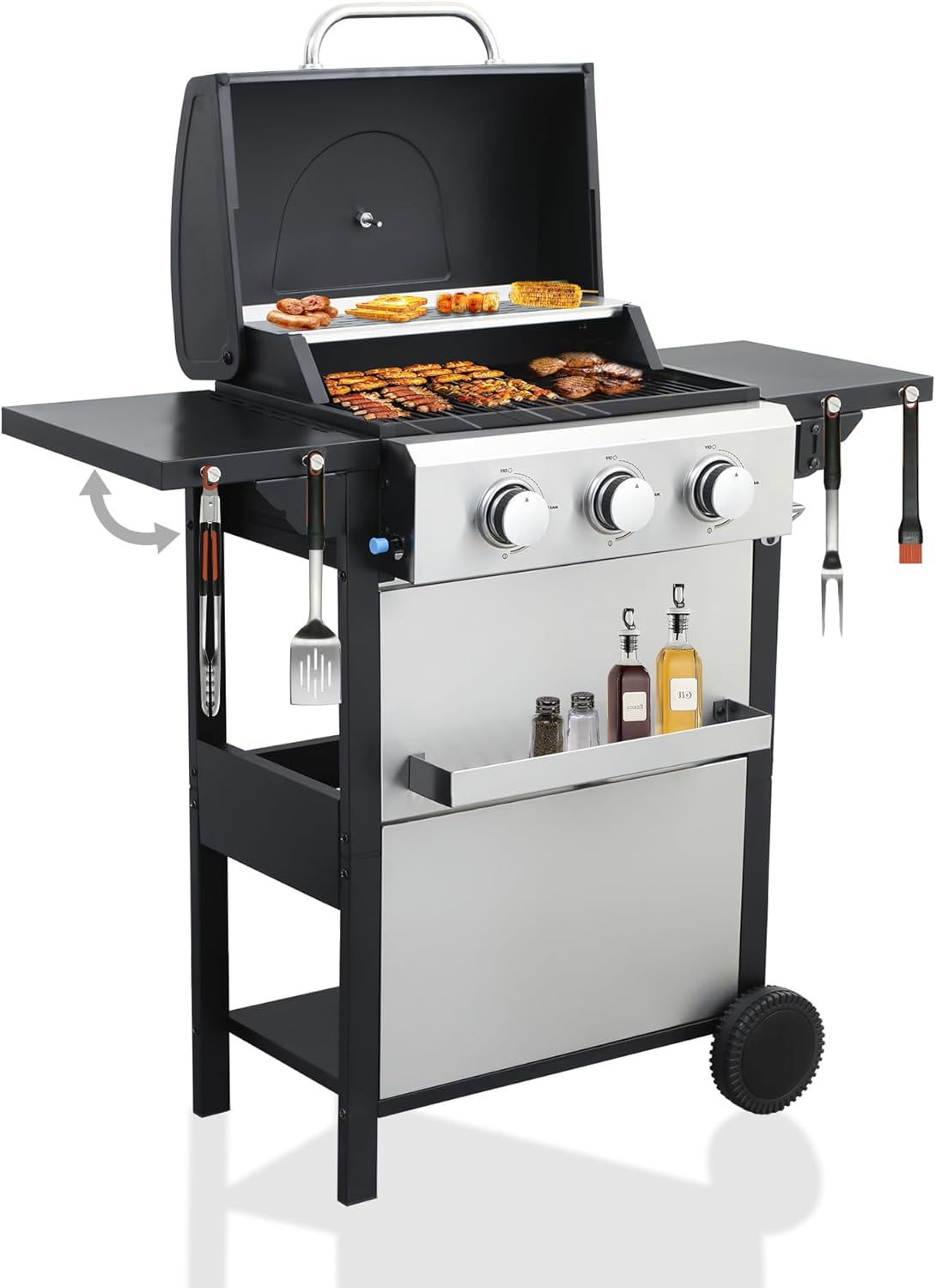 POWANLI BBQ Grill 3-Burner Gas Grill Stainless Steel Propane Grill with Wire Enamel Cook ing Grids,25650 BTU Outdoor Grill With Foldable Side Table For Outdoor Cooking Barbecue Grill