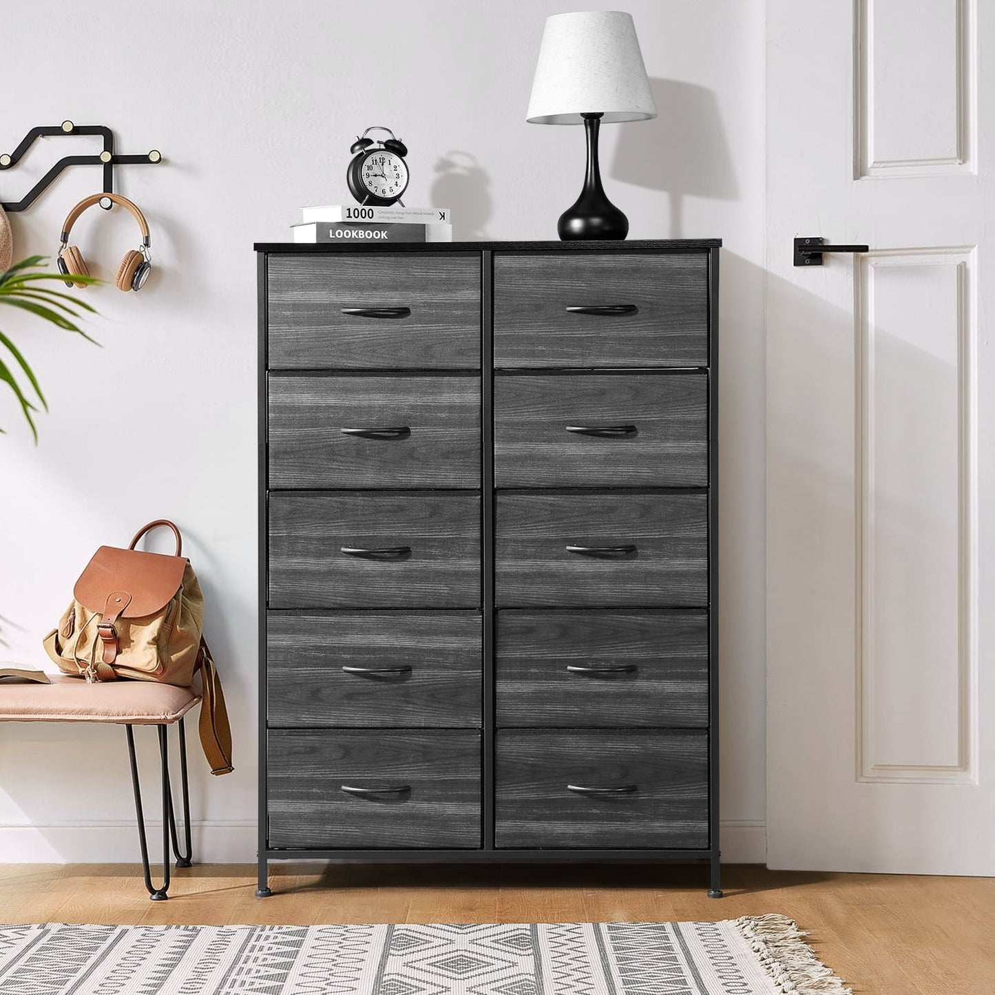 POVANLI 10 Drawer Dresser Chest of Drawers for Bedroom Fabric Drawer for Kids and Adult Steel Frame and Wooden Top Black Grey