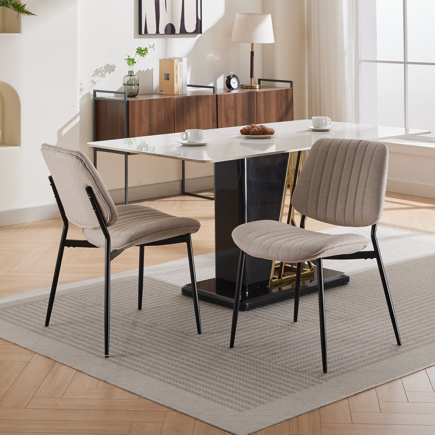 GAKMCIL Modern Linen Upholstered Dining Chairs (Set of 2) with Bentwood Back and Metal Legs, Weight Capacity 300lb Load for Dining Room, Kitchen and Living Room (Beige)