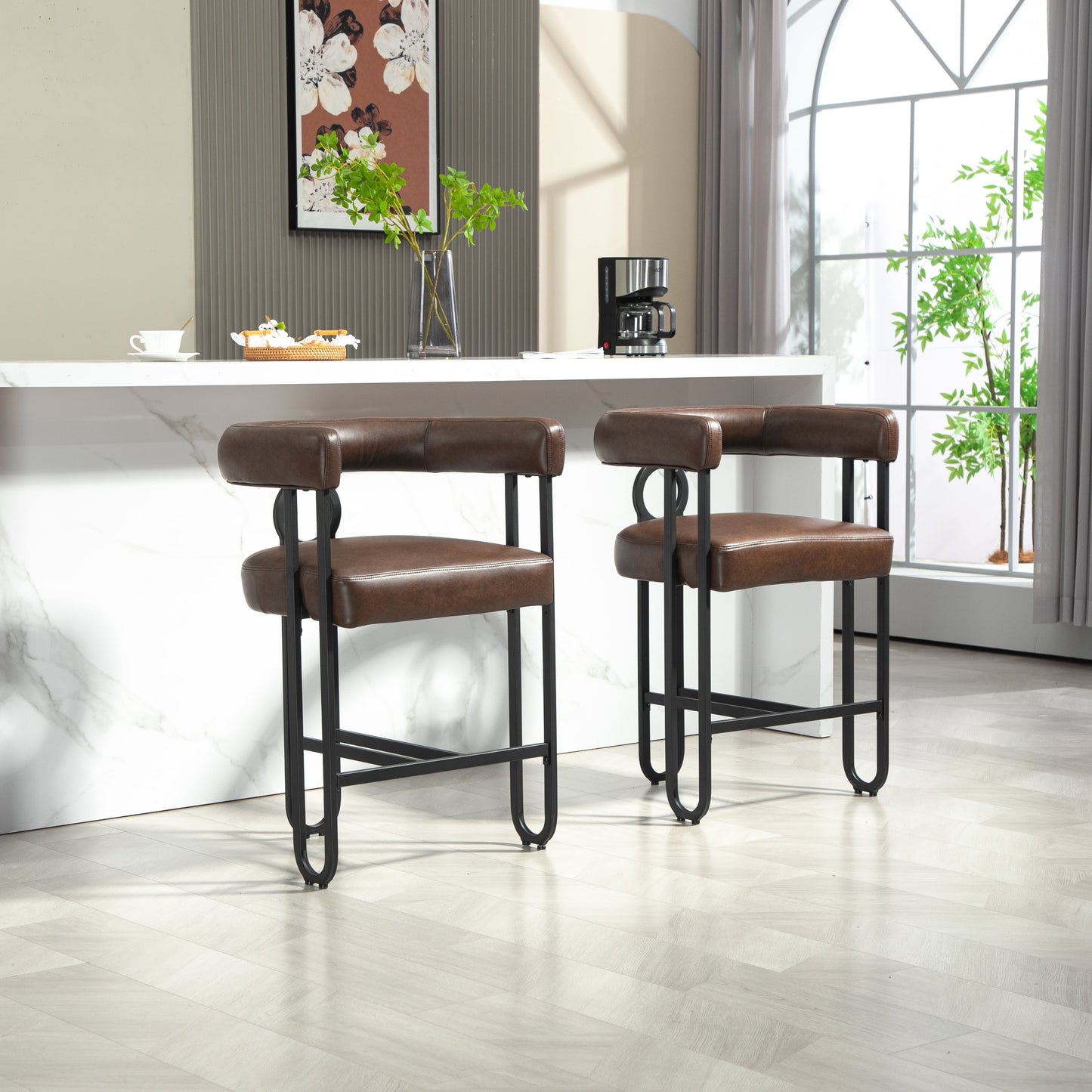 POVANLI PU Leather Bar Stools (Set of 2), Modern Upholstered Bar Chair with Back & Footrest, Black Metal Frames, for Bar Kitchen Island Restaurant Bistro , Club (Dark Brown)