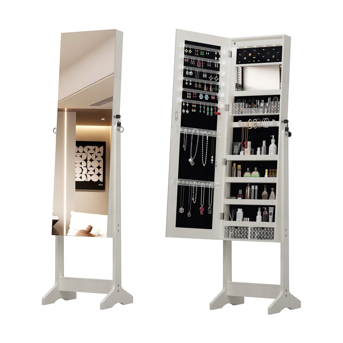 GAKMCIL Standing Jewelry Cabinet Armoire with Lockable Storage Cabinet, Full Length Mirror, Interior Mirror, Shelves, Hooks (White)