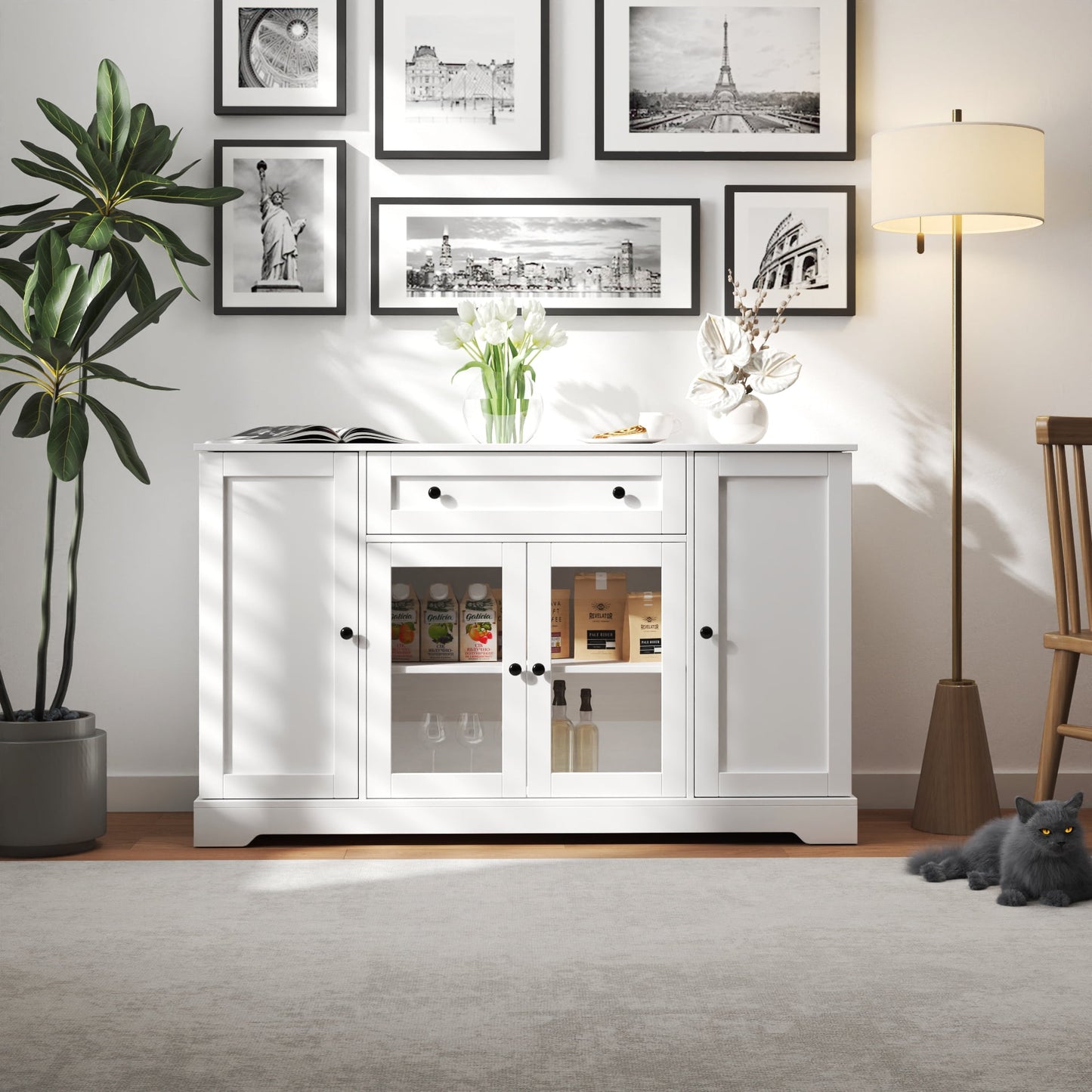 GAKMCIL Modern Wood Sideboard Buffet, Buffet Cabinet, Coffee Bar Kitchen Storage Cabinet with Doors, Drawer & Adjustable Shelf for Kitchen, Dining Room, Living Room (White) (54.33"L*15.75"W*32.87"H)
