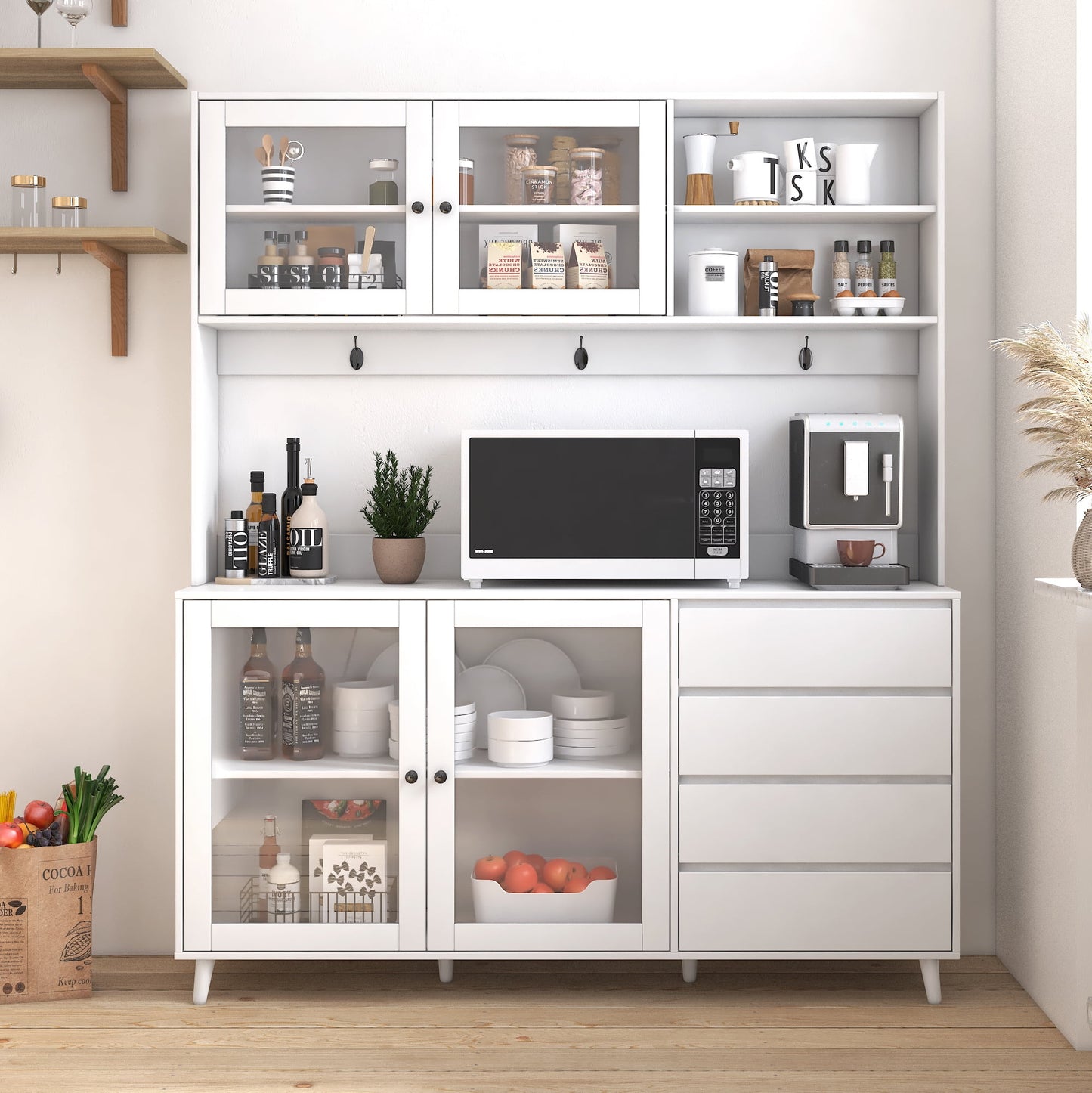 GAKMCIL 63" Large Kitchen Hutch Cabinet – Freestanding Pantry with 4 Doors, 4 Drawers & Microwave Shelf, Multi-Functional Organization Solutions for Home, Garage, or Office – Durable Structure(White)