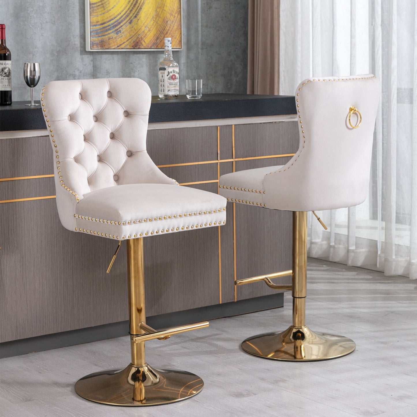 GAKMCIL Thick Golden Swivel Velvet Barstools, Modern Upholstered Bar Stools with Adjustable Seat Height from 27-35in, Backs Tufted, 270lb Load for Home Pub, Kitchen Island (Set of 2, Beige)