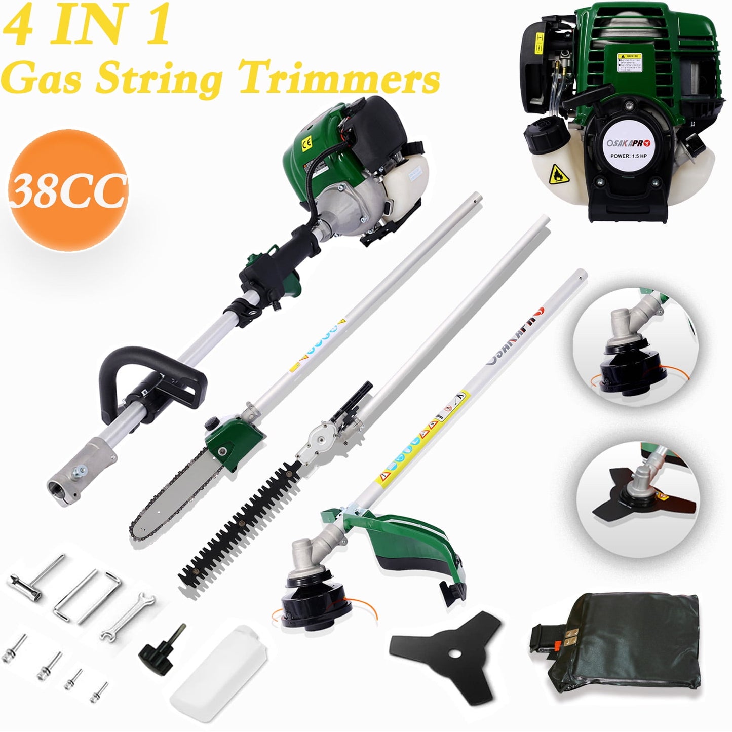 POVANLI 4 in 1 Multi-Functional Trimmer,Grass Trimming Tool, 38CC 4 stroke Garden Tool System with Gas Pole Saw, Hedge Trimmer, Grass Trimmer, and Brush Cutter EPA Compliant