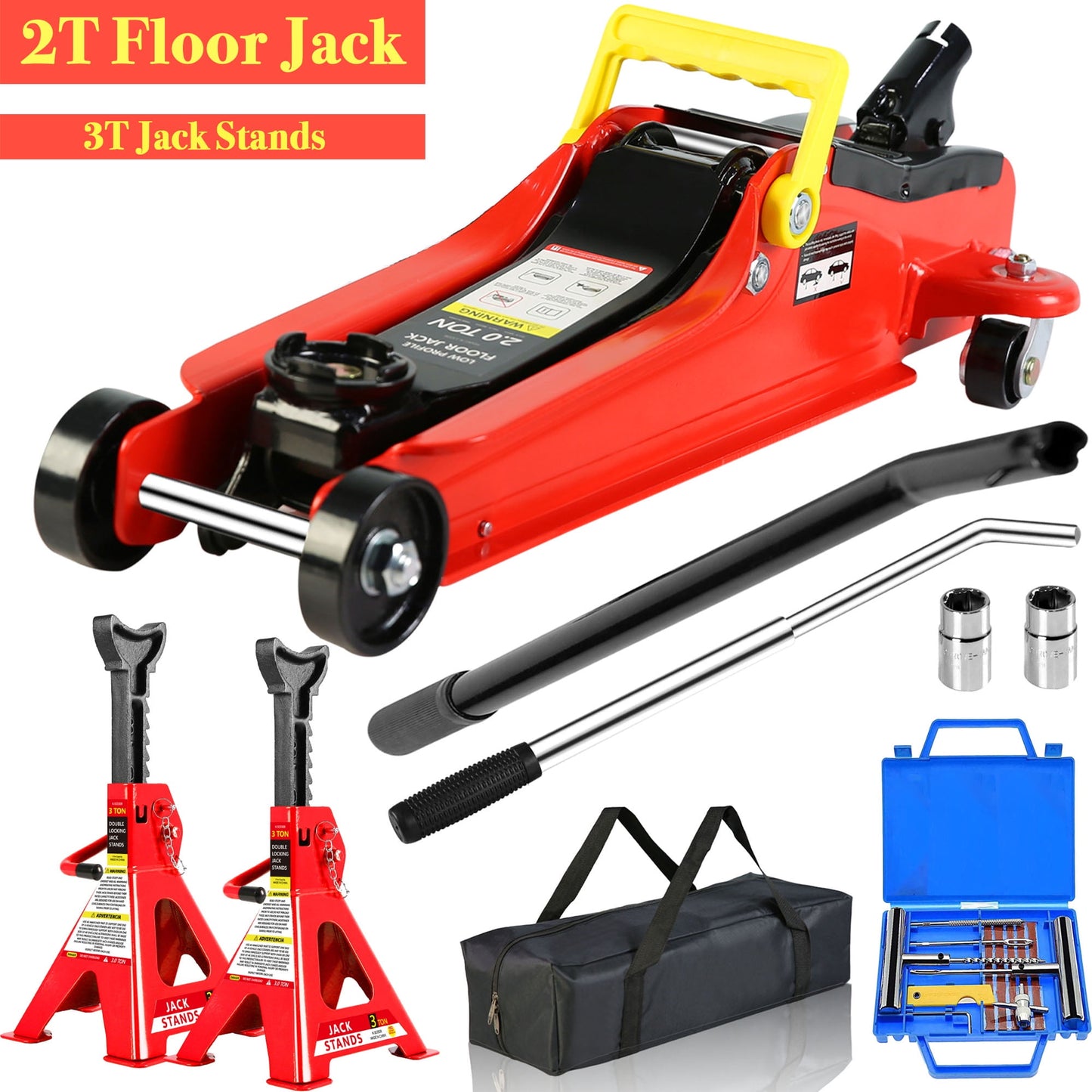 POVANLI 2 Ton Low Profile Floor Jack with 3T jack stand Tire Repair Kit L-Wrench Heavy Duty Steel Racing Floor Jack with Single Piston Quick Lift Pump, Floor Jack Lifting Range 3.3"-15.2" Red