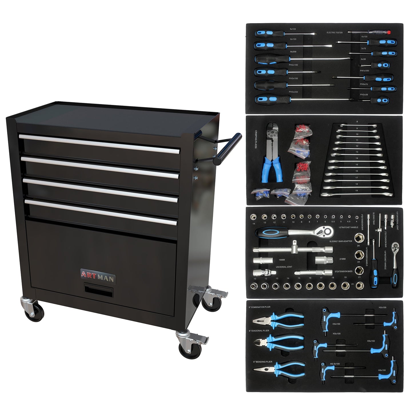 POVANLI Professional Tools Box Set W/238pcs Universal Tools, Tool Box Rolling Tool Cart On Wheels with 4 Drawers, Storage Cabinet On Wheels for Tools, Garage Workshop Warehouse, Black