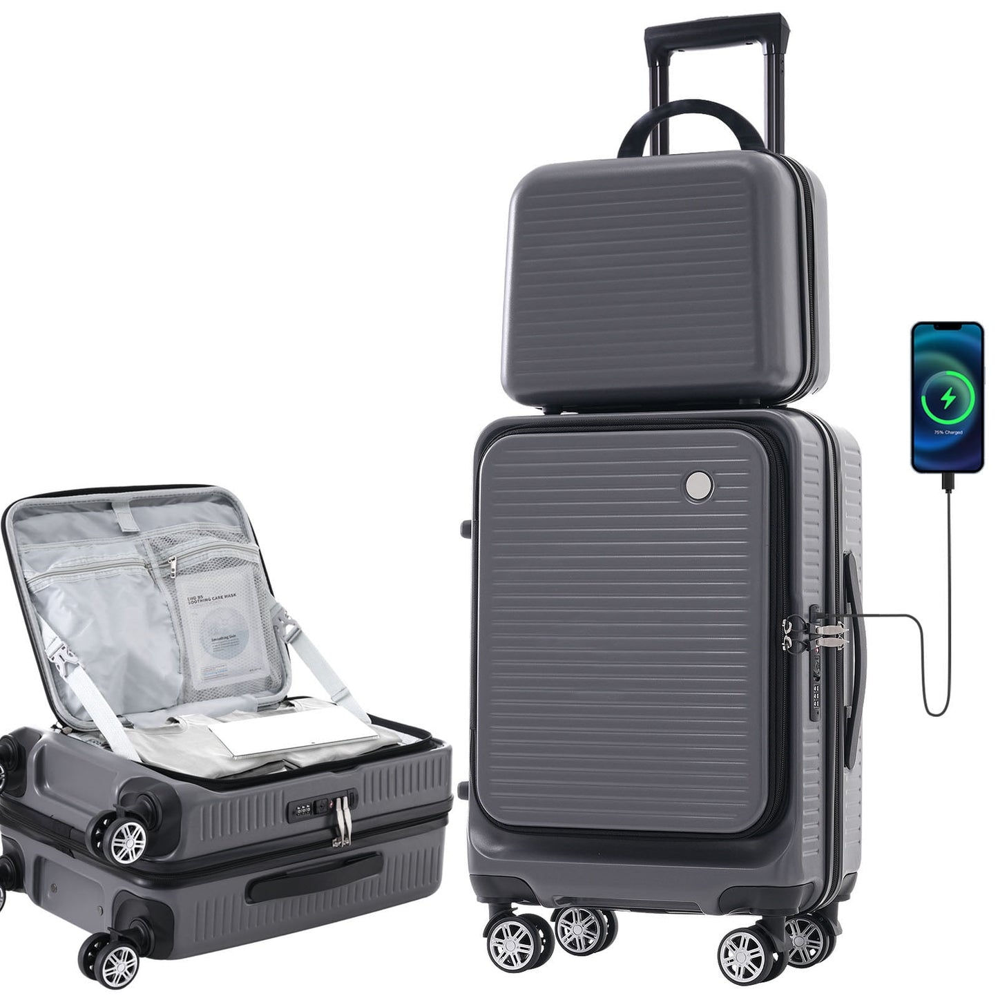 POVANLI 2 Pcs Hardshell Luggage Sets, 20 inch Front Open Suitcase with USB Port TSA Lock, Front Pocket and Spinner Wheels, 1 Portable Carrying Case. Airline Approved, Travel Woman Men (Gray)