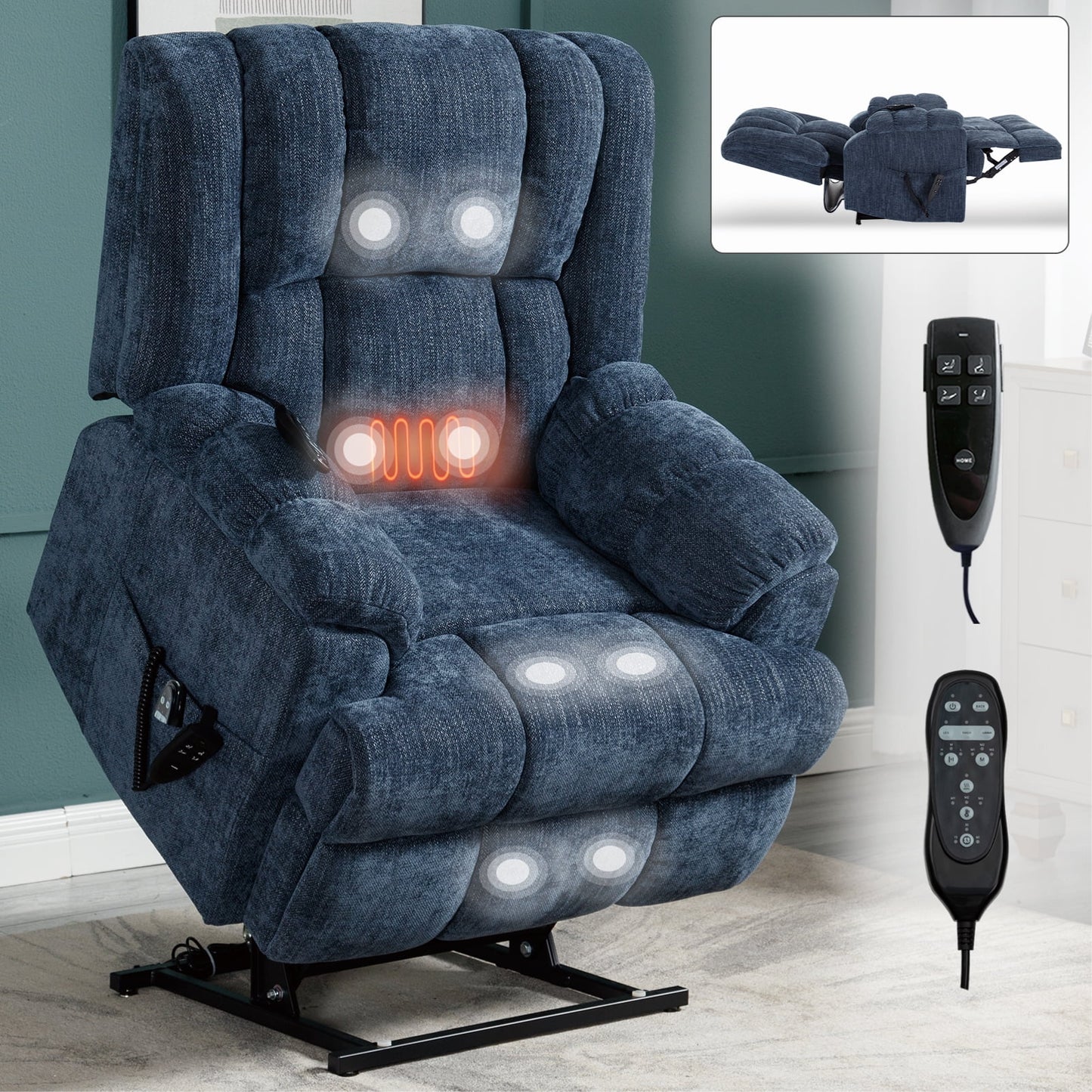 GAKMCIL Large Dual Motor Power Lift Chair Recliner for Elderly with Massage and Heating, 3 massage modes, 8 vibrating nodes (back, lumbar, thighs, legs), 15/30/60 minute timing function, Gift (Blue)