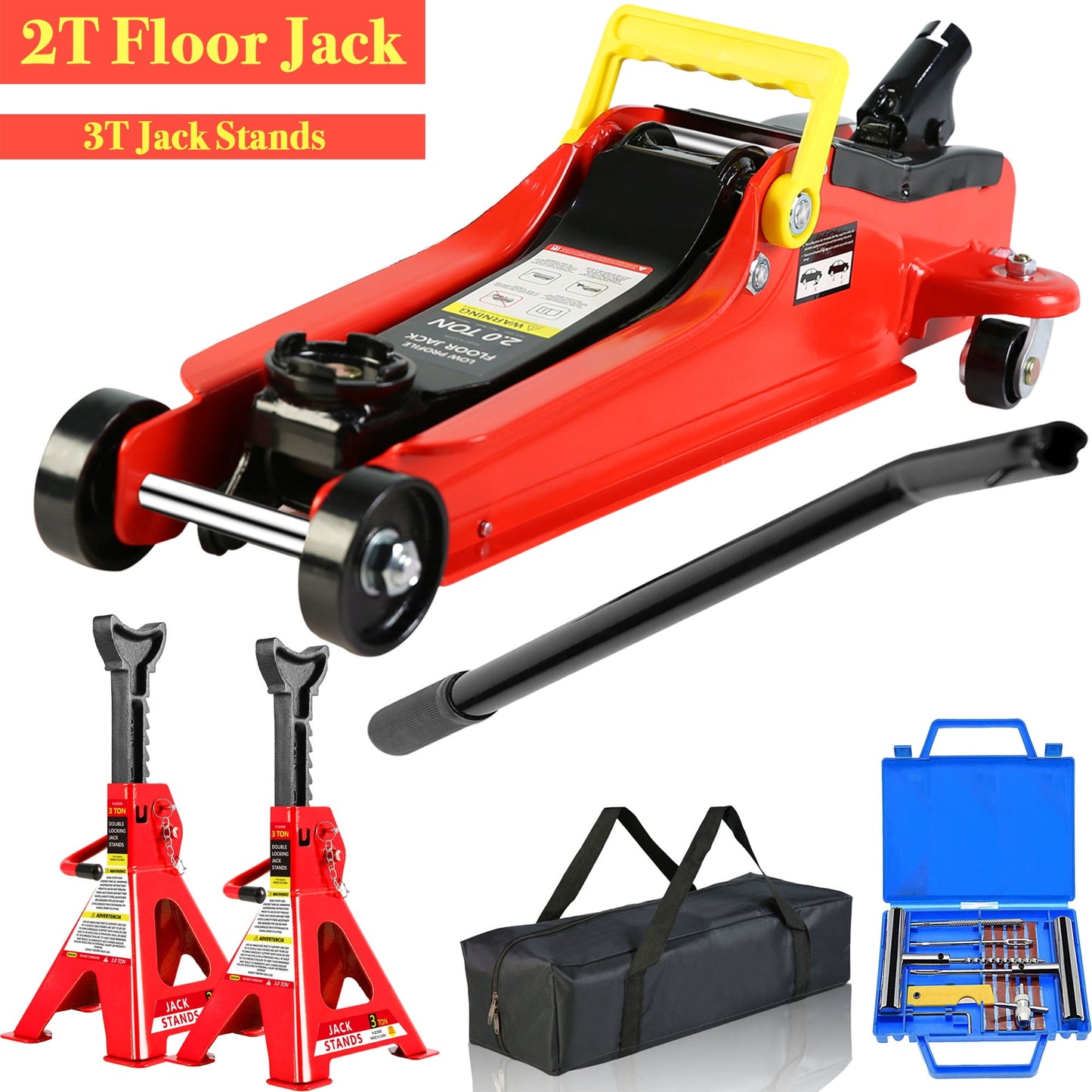 POVANLI 2 Ton Low Profile Floor Jack with 3T jack stand Tire Repair Kit Heavy Duty Steel Racing Floor Jack with Single Piston Quick Lift Pump, Floor Jack Lifting Range 3.3"-15.2" Red