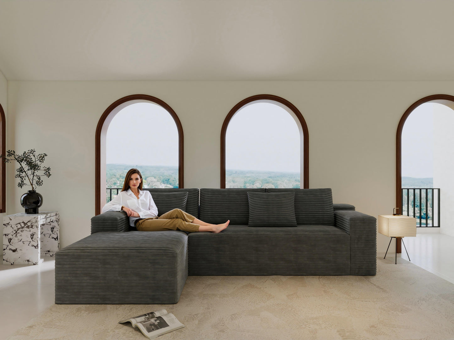 GAKMCIL 104" 4 Seater Cloud Sectional Couch with L-Shape Left Facing Chaise, Modern Comfy Modular Plush Corduroy Sofa, Upholstered Deep Seat Sofa for Living Room Bedroom (No Assembly Required) (Grey)