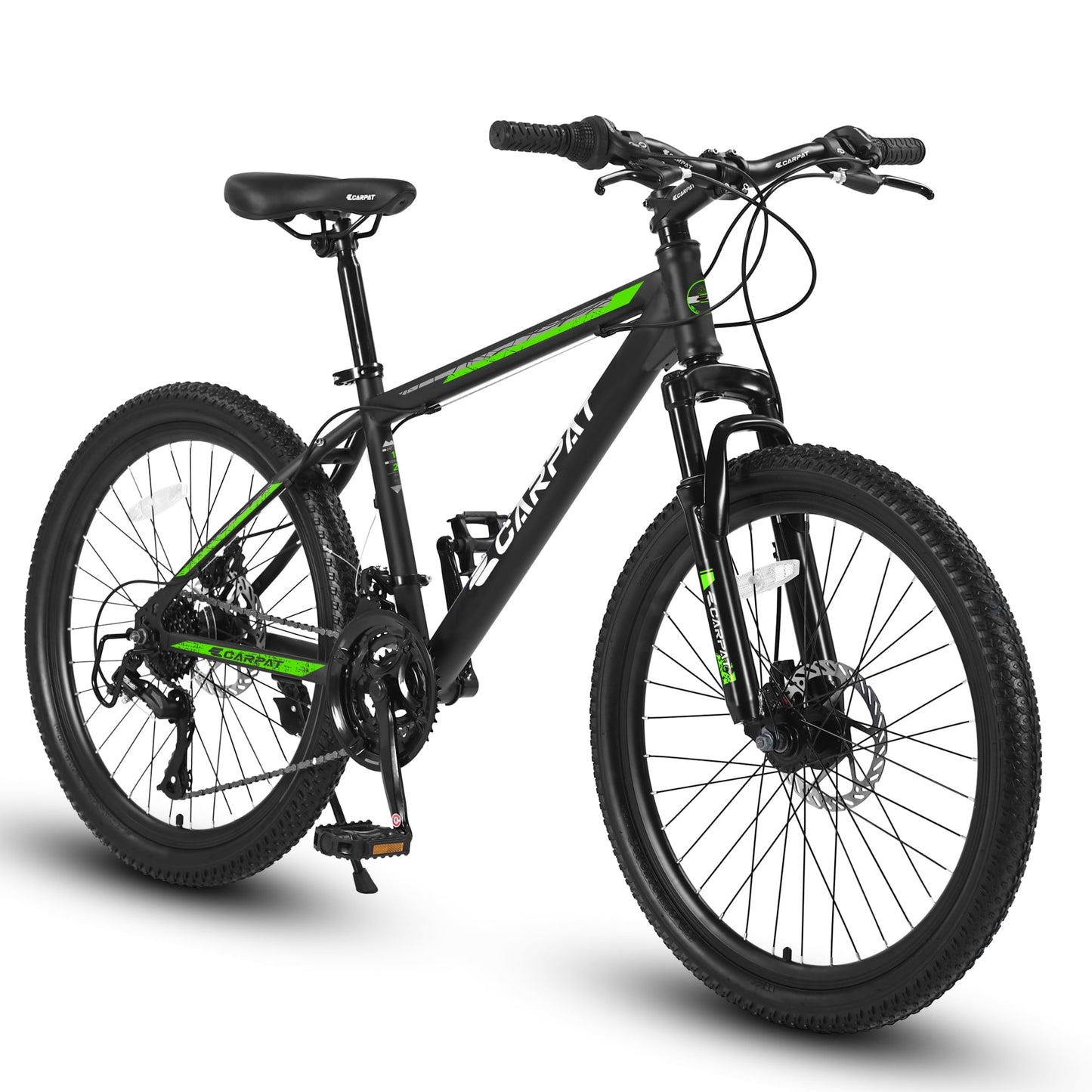 POVANLI 26" Steel Frame Mountain Bike for Boys Girls, with 21 Speeds Dual Disc Brakes and Front Suspension MTB, Black&Green (Gift)