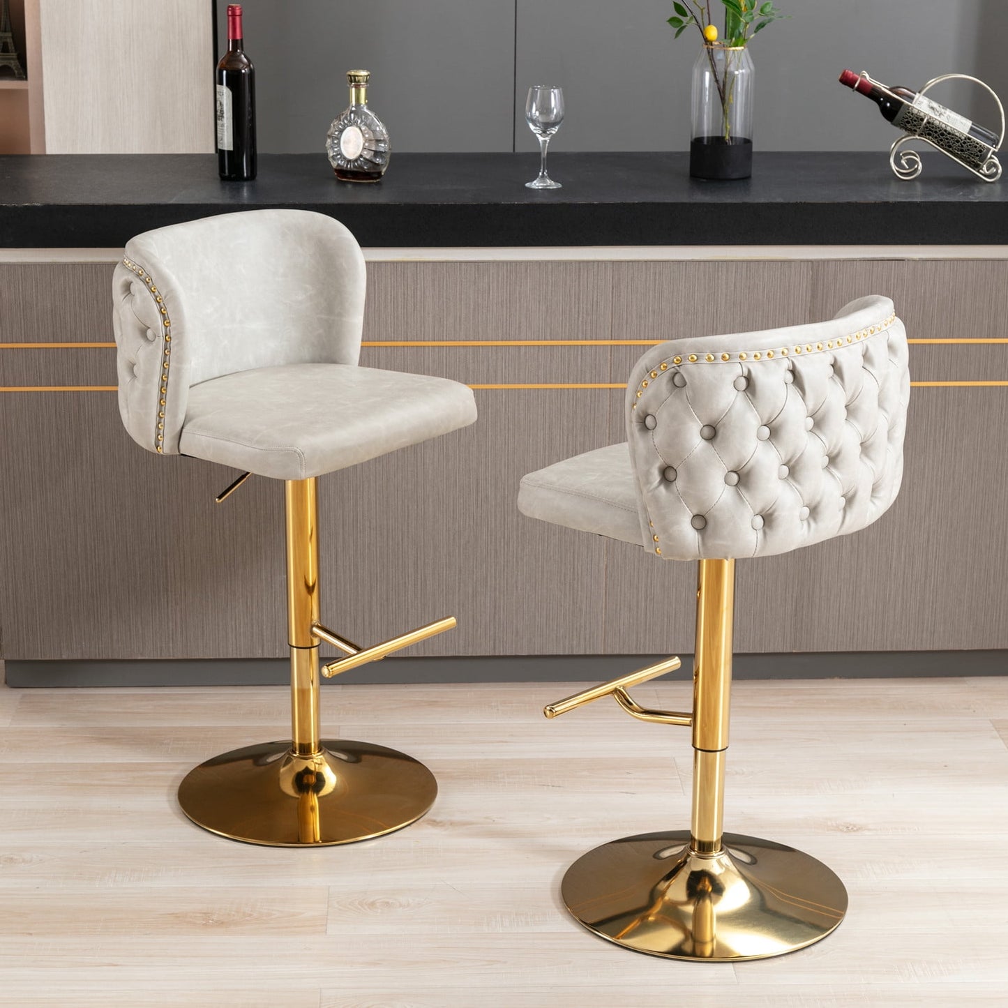 GAKMCIL Modern PU Upholstered Swivel Bar Stools with Adjustable Counter Seat Height, Footrest, Golden Metal Chrome Base, Rivets Trim, 300lbs Load for Home Pub, Kitchen Island (Set of 2, Beige)