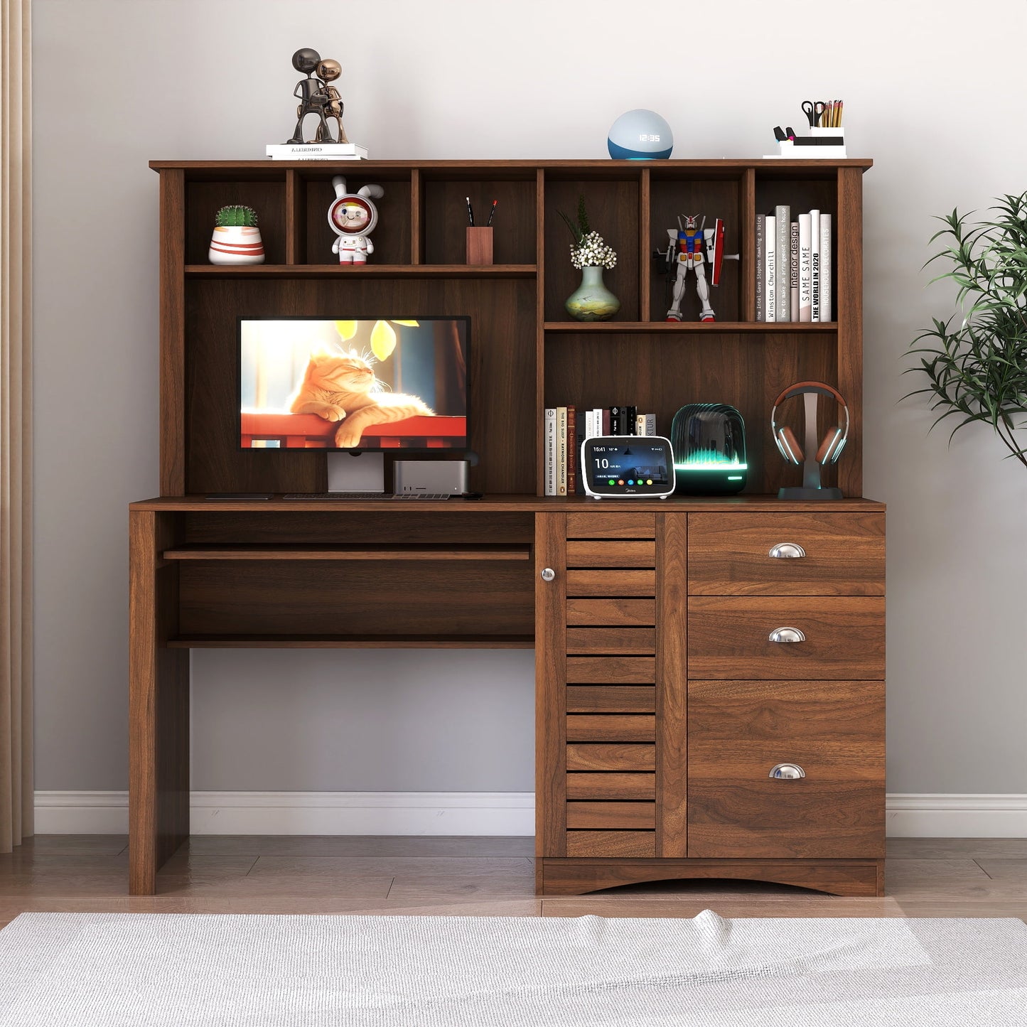 GAKMCIL 59.06"(L) Computer Desk with 2-tier open Hutch, 3 large drawer & Keyboard Tray, Home Office Desk, Executive Desk, Large Writing Desk, Space-Saving Design for Study or Bedroom Workspace,Walnut