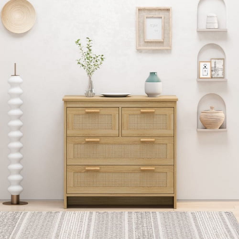 GAKMCIL 4 Drawer Rattan Dresser Cabinet,Modern Drawer Dresser,Farmhouse Wooden Storage Chest of Drawers for Room, Living Room, Hallway, Entrance, Office