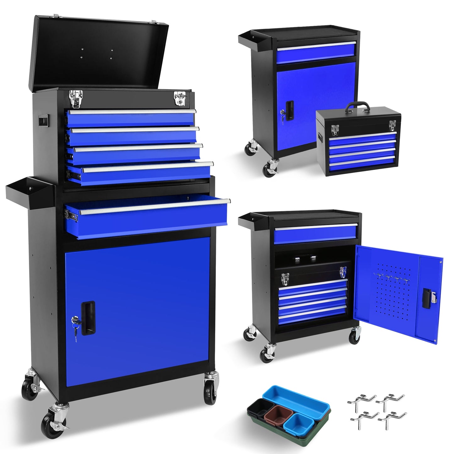 POVANLI 2-IN-1 Tool Chest & Cabinet, High Capacity Rolling Tool Box with Wheels and 5 Drawers, Wheels Lockable, Organizer, for Garages, Warehouses, Workshops, Repair Shops, Blue