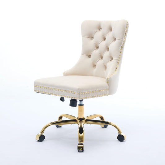 GAKMCIL Velvet Upholstered Office Chair, Ergonomic Home Desk Chair with Adjustable Height, 360° Swivel, Tufted Button, Golden Metal Base, Weight Capacity 300lbs for Home and Office (Beige)