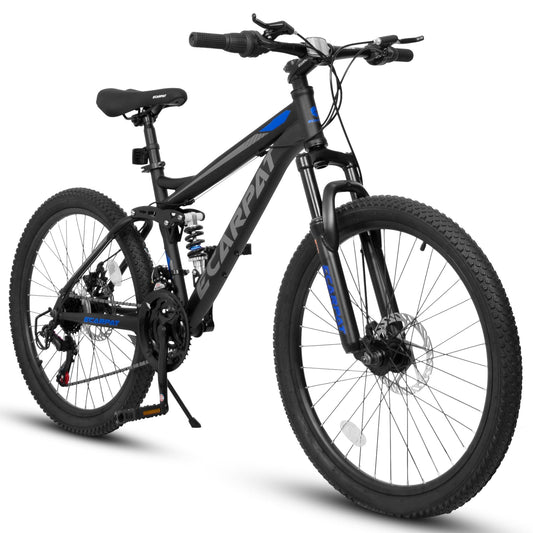 POWANLI Mountain Bike 24 Inch, Dual Full Suspension, Carbon Steel Frame Mountain Bike for Mens Womens, Go to School/Work with 21-Speed Disc Trail Commuter City Beach Bicycles, Gift(Black)