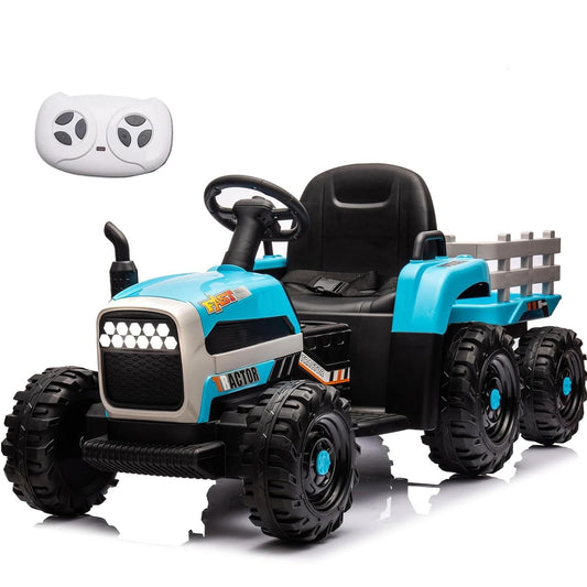 POWANLI 24V Ride on Tractor with Trailer,200w*2 motor Electric Tractor Toy with Remote Control, Electric car with 3 speed adjustable,USB,MP3,Bluetooth,LED light,safety belt for 3-6 girls,boys Blue