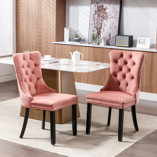 POVANLI Velvet Dining Chairs Set of 2,Upholstered Dining Chairs with Wood Legs Nailhead Trim,High-end Tufted Solid Wood Contemporary Dining Table Set for Living Room,Bedroom, Kitchen Pink