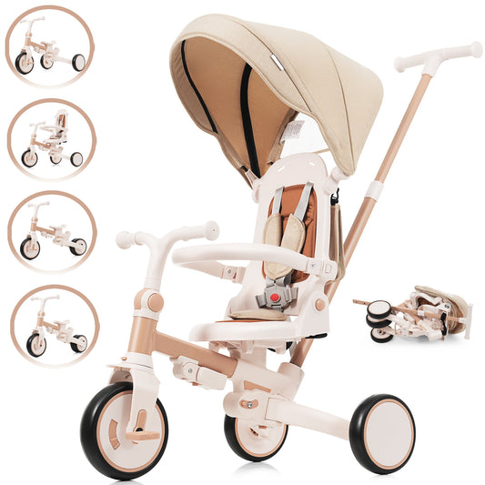 POVANLI 7 in 1 Baby Tricycle Foldable Toddler Tricycle w/Removable and Adjustable Parent Handle,Toddler Push Bike with Removable Pedal,Canopy and Guardrail,Tricycle for 12-72 Months Light Brown