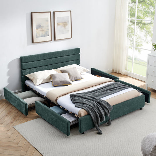 Queen Size Bed Frame with Headboard,Comfortable Cushioned Bed Frame with 4 Drawers,Queen Size Bed for Bedroom, Living Room Blue Green(85 "x 66" x 36 ")