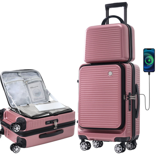 POWANLI 2 Pcs Hardshell Luggage Sets, 20 inch Front Open Suitcase with USB Port TSA Lock, Front Pocket and Spinner Wheels, 1 Portable Carrying Case. Airline Approved, Travel Woman Men (Rose Gold)