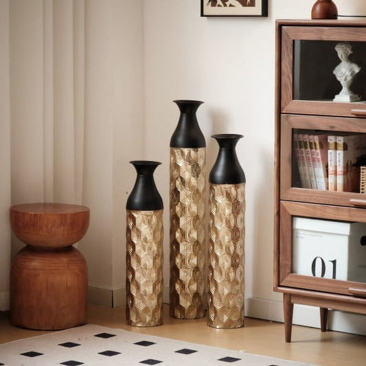 GAKMCIL Floor Metal Vases Large Glazed Black&Gold Decorative Vases Gorgeous Home Decoration Elegant for Living Room, Entryway (Set of 3, 24.8in, 29in, 33.8in height) (Black + Gold) (Gift)