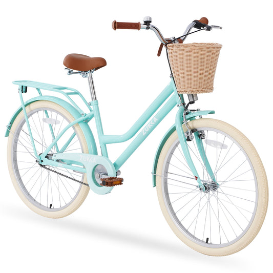 POWANLI 24" Girl Bike for 10+Years Old, Steel Frame Bike,Girls Bike with Basket Mint Green