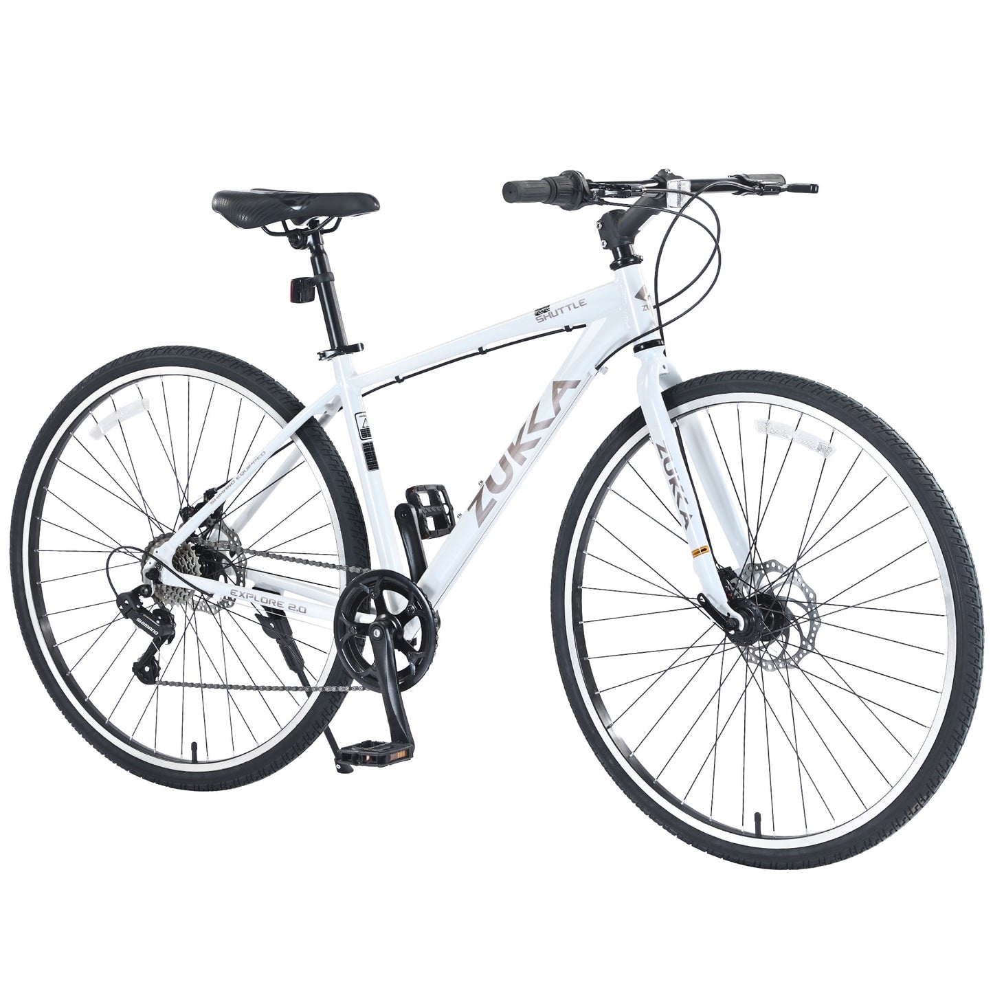 POVANLI 700C Road Bike, 7 Speed Hybrid Bike Aluminum Alloy Frame Double Disc Brakes For men women's City Bicycle, White (Gift)