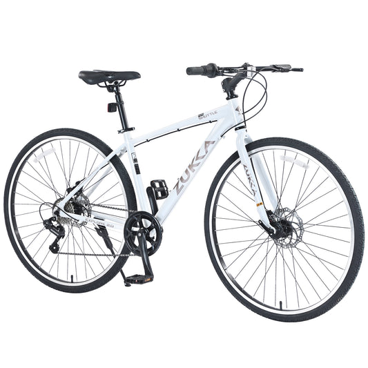POVANLI 700C Road Bike, 7 Speed Hybrid Bike Aluminum Alloy Frame Double Disc Brakes For men women's City Bicycle, White (Gift)