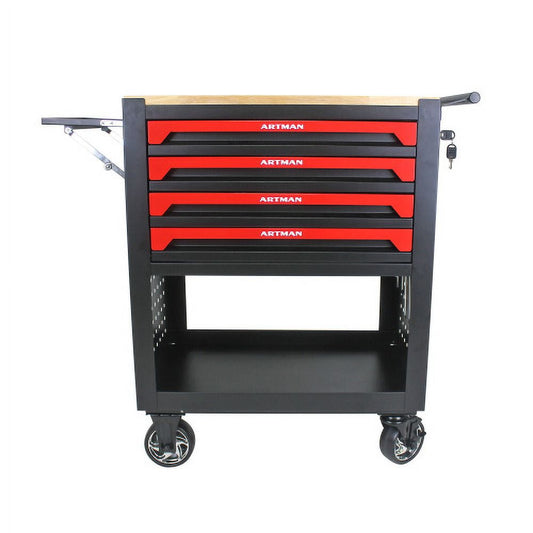 POWANLI 4 Drawers Multifunctional Tool Cart with wheels and Wooden Top, Metal,Suitable for Garages,Warehouses,Workshops,Repair Shops(Black+Red)