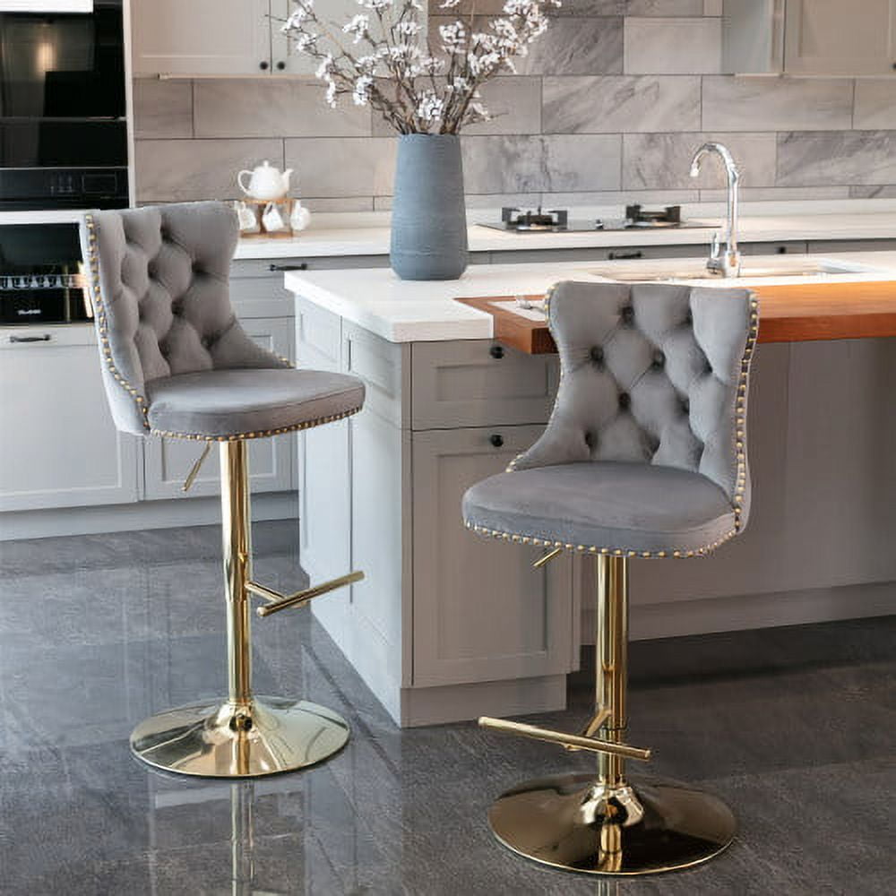 GAKMCIL Swivel Velvet Upholstered Barstools with 25-33in Adjustatble Seat Height, 360°Swivel, Footrest, Golden Chrome base, Comfy Tufted, 300lb Load for Home Pub, Kitchen Island (Set of 2, Gray)