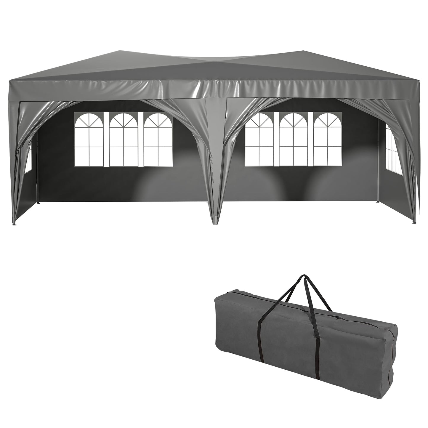 Powanli 10'x20' EZ Pop Up Canopy Outdoor Portable Party Folding Tent with 6 Removable Sidewalls + Carry Bag + 6pcs Weight Bag Grey