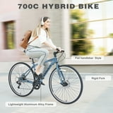 POVANLI 700C Road Bike, 7 Speed Hybrid Bike Aluminum Alloy Frame Double Disc Brakes For men women's City Bicycle, Blue Gray (Gift)