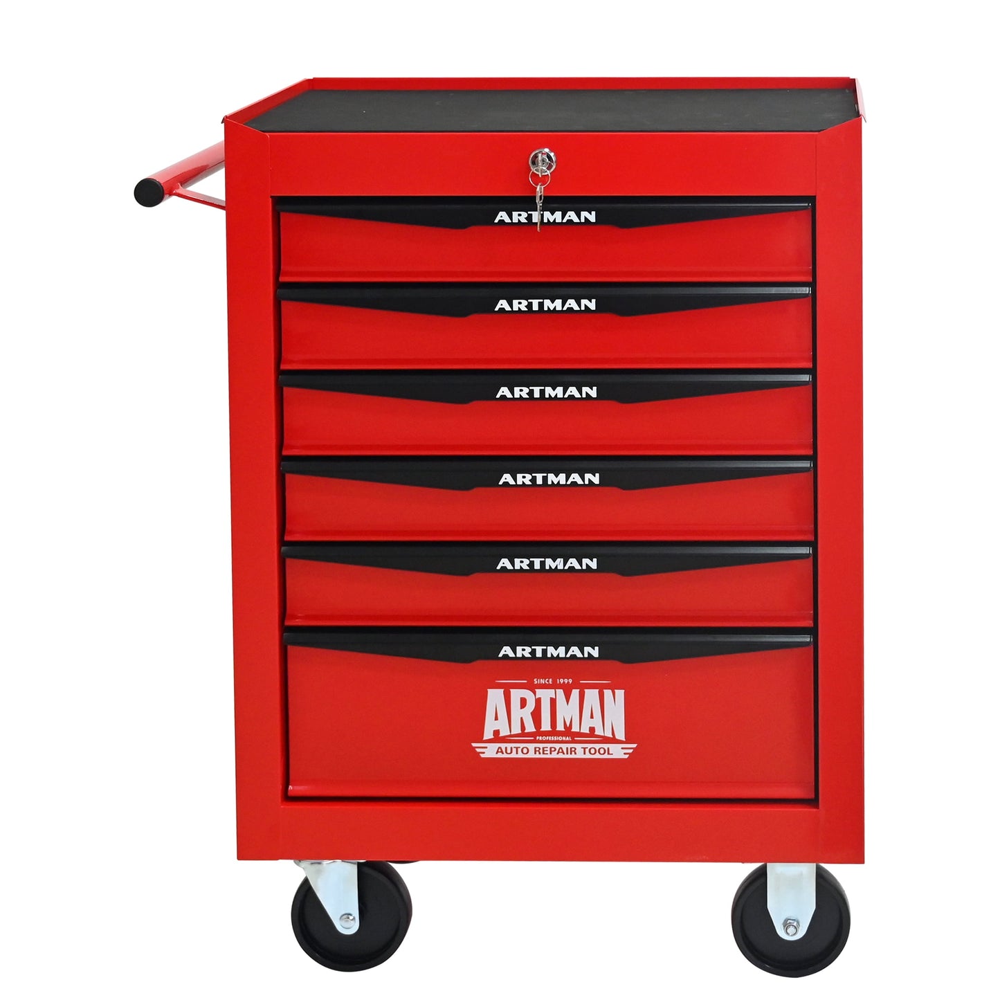 POVANLI 6 Drawers Portable Tool Cart with Key Locking, Ball Bearing Drawer Slides and 4 Steering Wheels (2 with Parking Brakes), Steel Tool Box, 200lbs Load for Garage, Workshop and Repair Shops (Red)