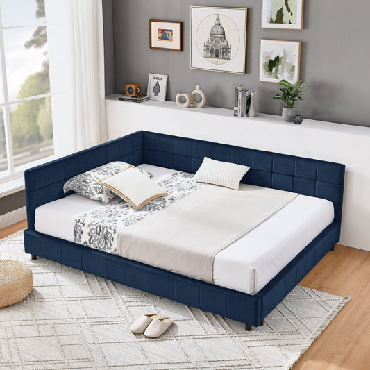 GAKMCIL Full Size Upholstered Tufted Bed Frame, Velvet Fabric, Sofa Bed Frame with Comfortable Backrest and Armrests, Full Size Bed for Bedroom, Living Room, Blue (80.5''*59''*30.5'')