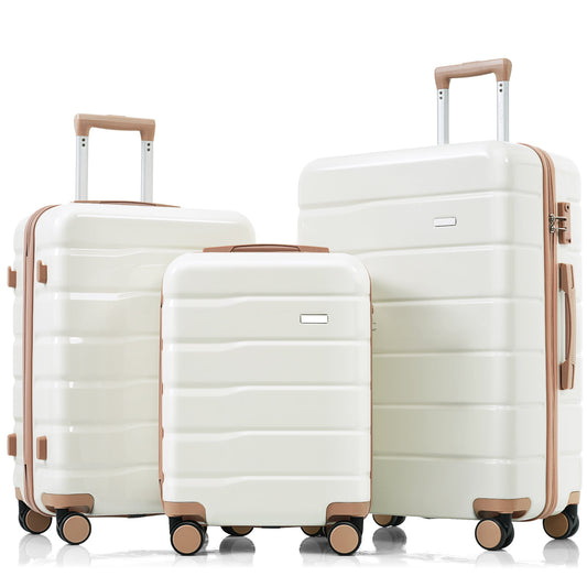 POWANLI 3-Piece ABS Travel Luggage Set,Premium TSA Lock Suitcase Ensemble with 20'', 24'' and 28'' Sizes with 360° Spinner Wheels White+Gold