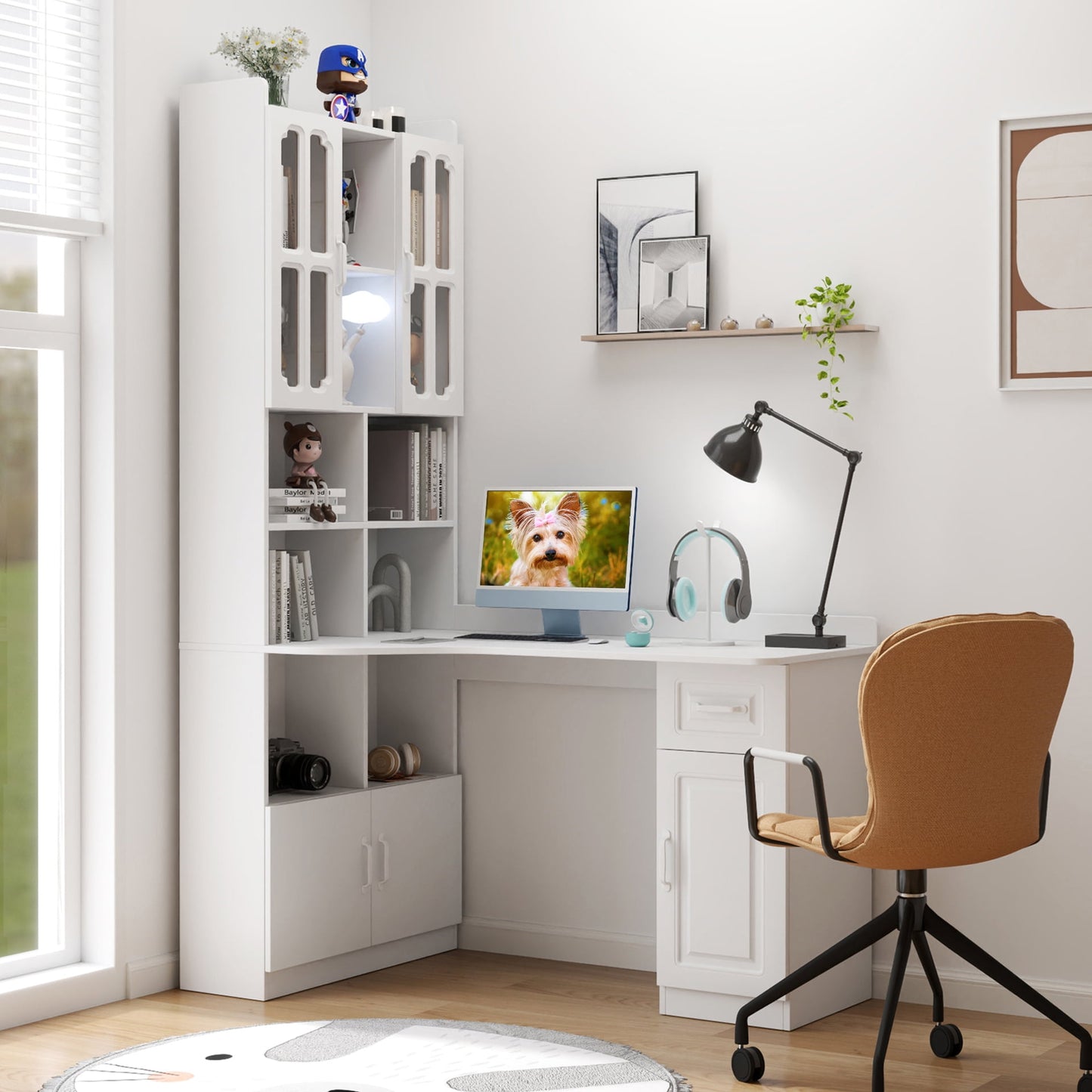 GAKMCIL 2-in-1 L-Shaped Computer Desk for Home Office or Study Writing desk, Modern Style Table with Drawers, Bookshelf & Hutch, Space-Saving Corner & storage Design (White)(55.12"L*31.50"W*76.77"H)