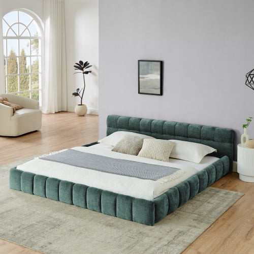 King size Bed Frame with Thick Fabric,Upholstered Bed Frame with Headboard and Solid Frame. No Box Spring Needed Blue+Green(88.5''*85.5''*24'')