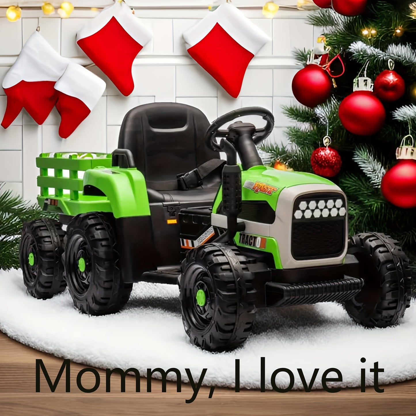 POWANLI 24V Ride on Tractor with Trailer,200w*2 motor Electric Tractor Toy with Remote Control,Electric car with 3 speed adjustable, USB,MP3,Bluetooth,LED light,safety belt for 3-6 girls,boys Green