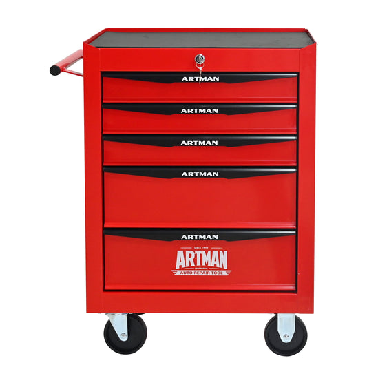 POVANLI 5 Drawers Portable Tool Cart with Key Locking, Ball Bearing Drawer Slides and 4 Steering Wheels (2 with Parking Brakes), Steel Tool Box, 200lbs Load for Garage, Workshop and Repair Shops (Red)