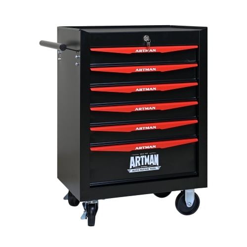 POWANLI 6 Drawer Portable Tool Box With Wheels,20" Tool Chest With Key Locking Tool Boxes/Organizers Black&Red