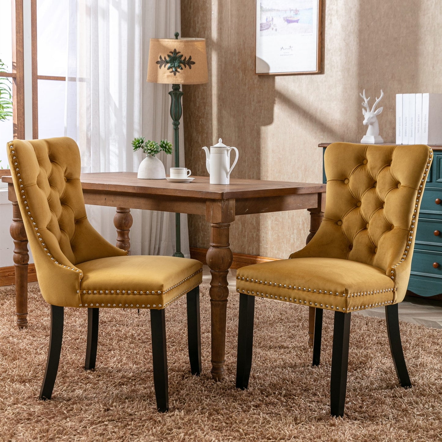 POWANLI Velvet Dining Chairs Set of 2,Upholstered Dining Chairs with Wood Legs Nailhead Trim,High-end Tufted Solid Wood Contemporary Dining Table Set for Living Room,Bedroom, Kitchen Gold