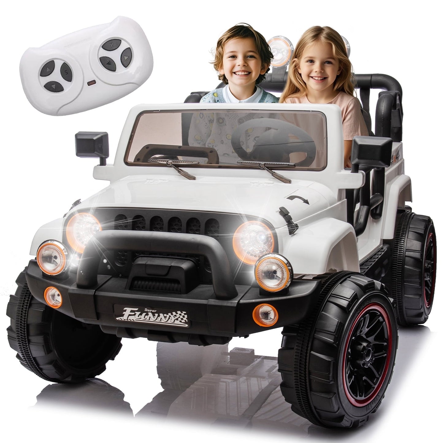 POWANLI 24V 2 Seater Kids Ride on Jeep Toy Car W/Parent Remote, Electric Truck for Kid w/ 2*200W Moter, 3 Speeds, Multifunctional Dashboard, Bluetooth Music, USB, Toy Gift for 3-8 Boy&Girl(White)