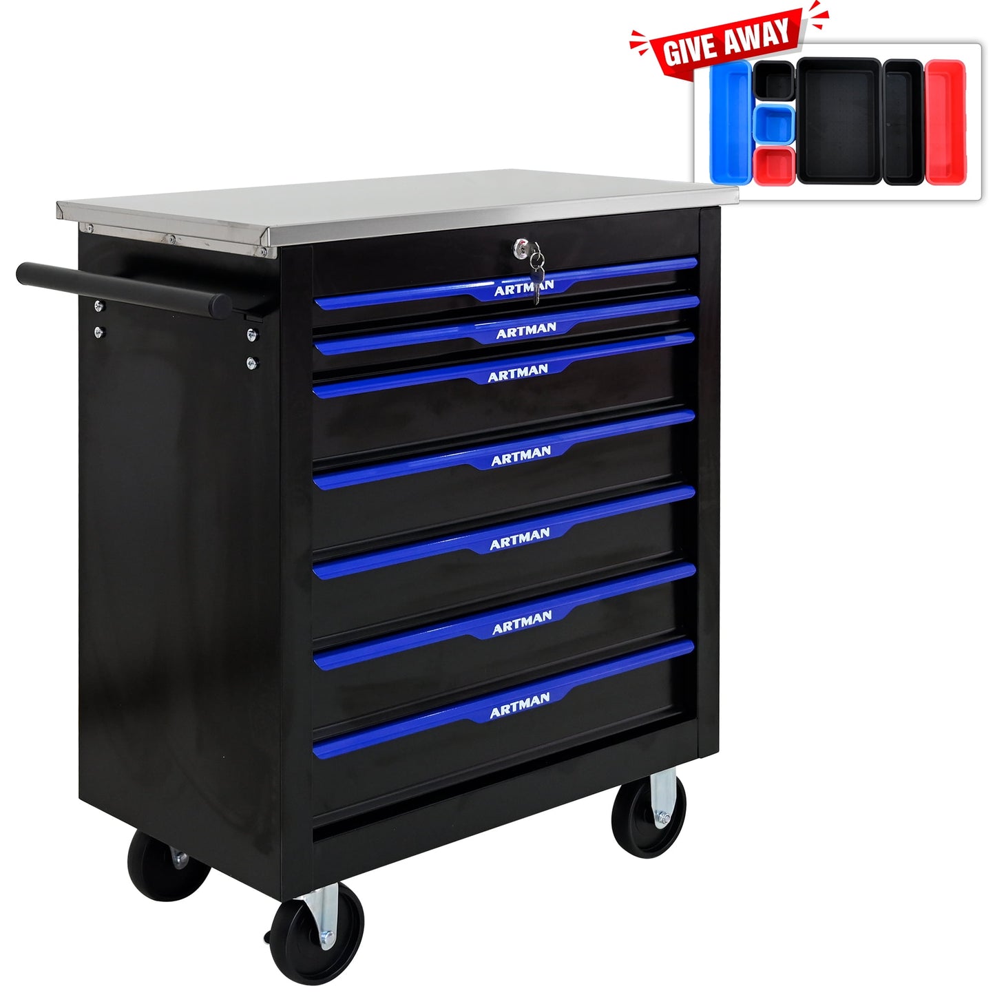 POWANLI 7 Drawers Multifunctional Tool Cart with wheels, with Key Locking and 4 Toolbox On Wheels, Metal, Suitable for Garages, Warehouses, Workshops, Repair Shops(Black+Blue)